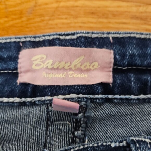 Woman's Bamboo dark wash white stitch embroidered distressed flared mid rise jea - Picture 7 of 11